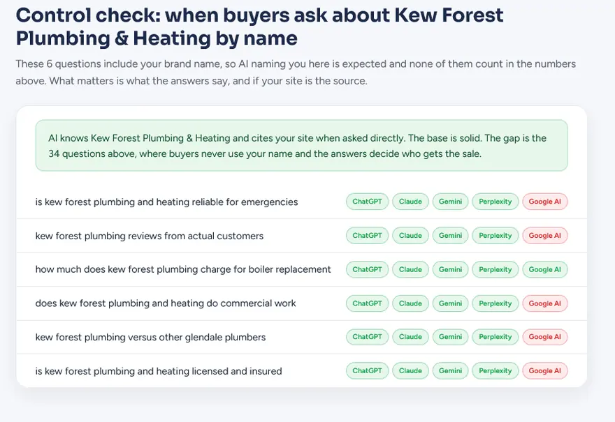 Control check panel: when buyers ask about Kew Forest Plumbing and Heating by name, showing where the assistants respond