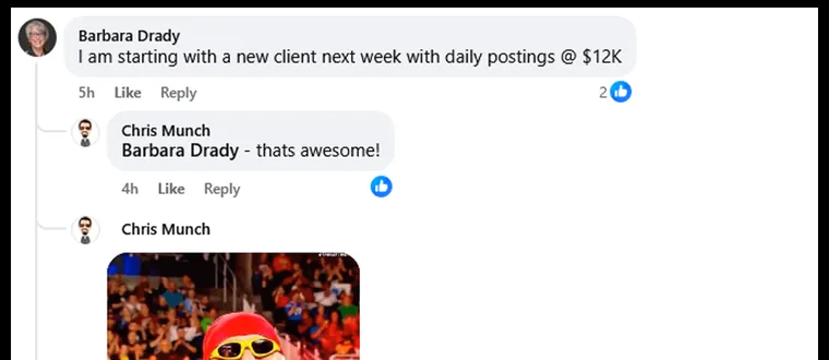 Barbara Drady posting that she is starting a new client at $12,000 a month on a one-year contract