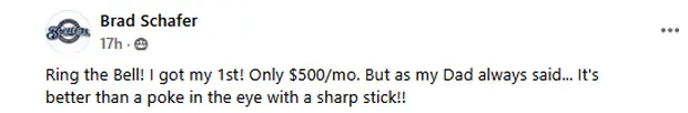 Brad Schafer posting that he landed his first client at $500 a month